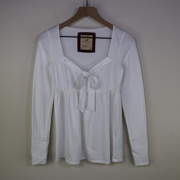 Hollister Tops - Hollister Babydoll Knit Top Small Coquette Satin Bow Empire Waist White Cotton